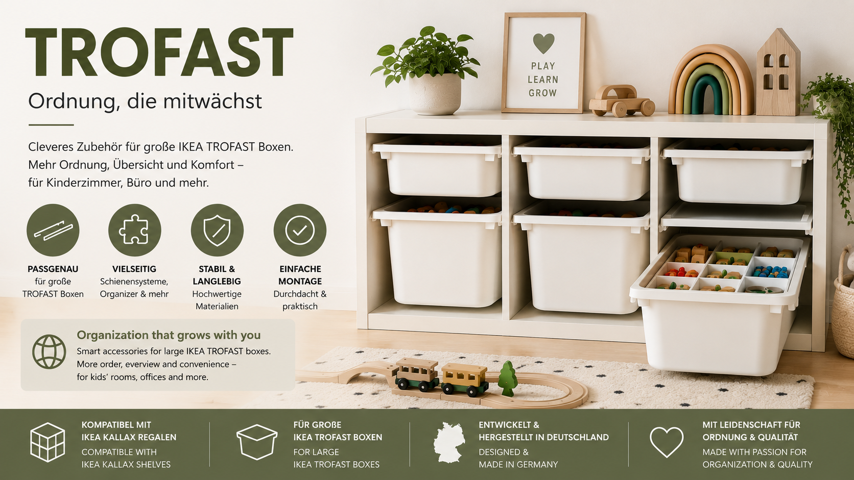 SmartShapes Zubehör für große IKEA TROFAST Boxen mit Schienensystemen und Organizern für KALLAX Regale
