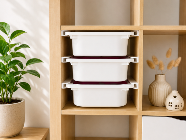 Rail system for large IKEA TROFAST storage boxes in KALLAX shelves, precision-fit PLA accessory